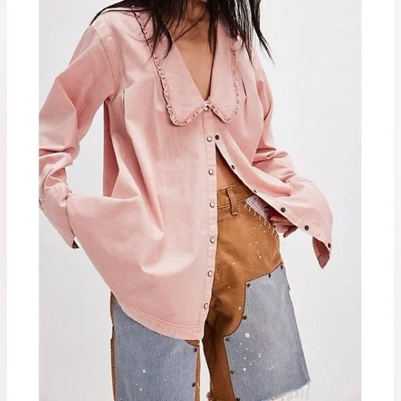 Free People Charlie Denim Button Down with Pearl Snap- Pink Denim - Picture 9 of 10